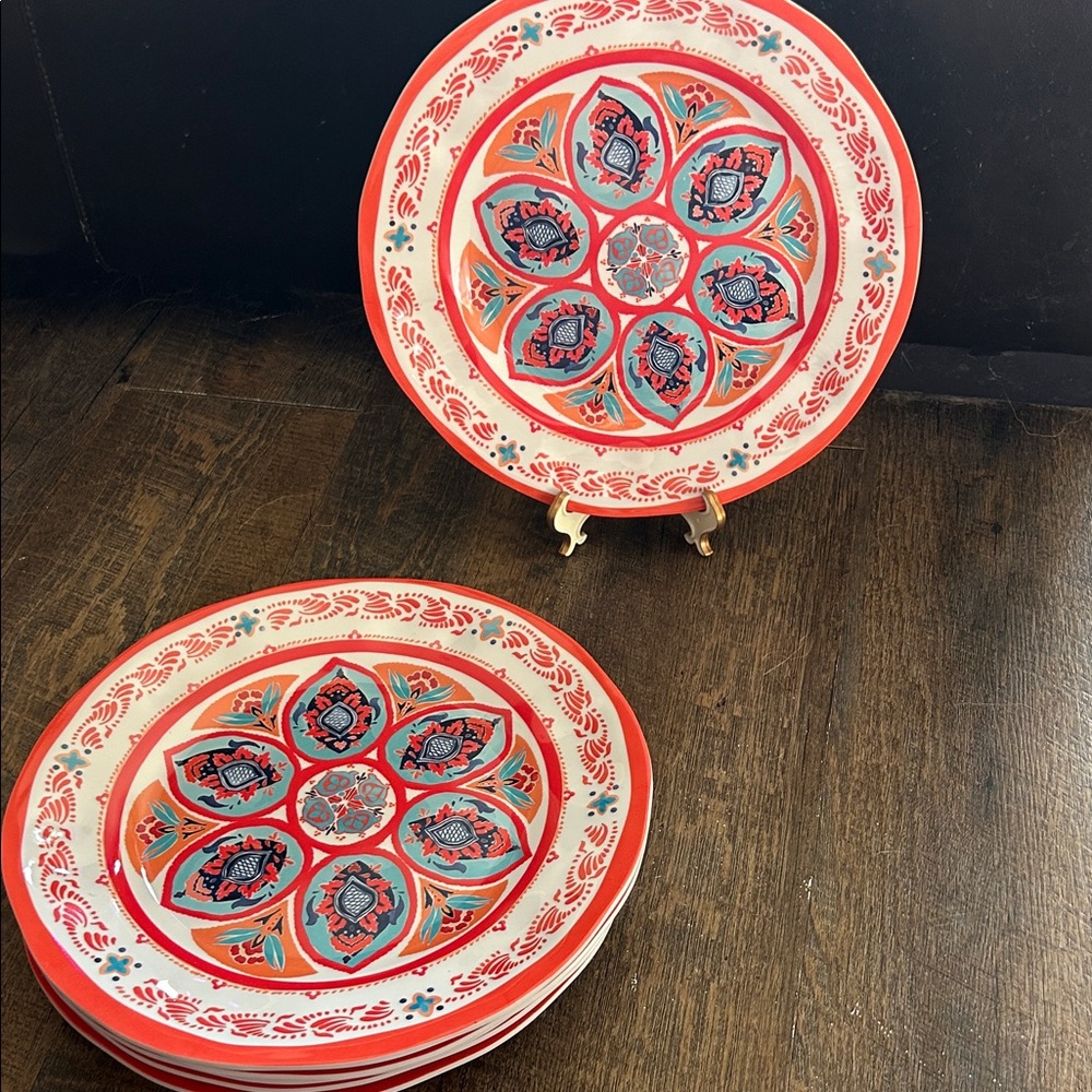 NEW 6 Patina Vie Melamine Coral &‎ Teal Dinner Plates Anthropologie Picnic Boho